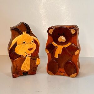 Wood Inlay Secret Puzzle Boxes – Bear + Dog Set, Handmade, Lined Interior